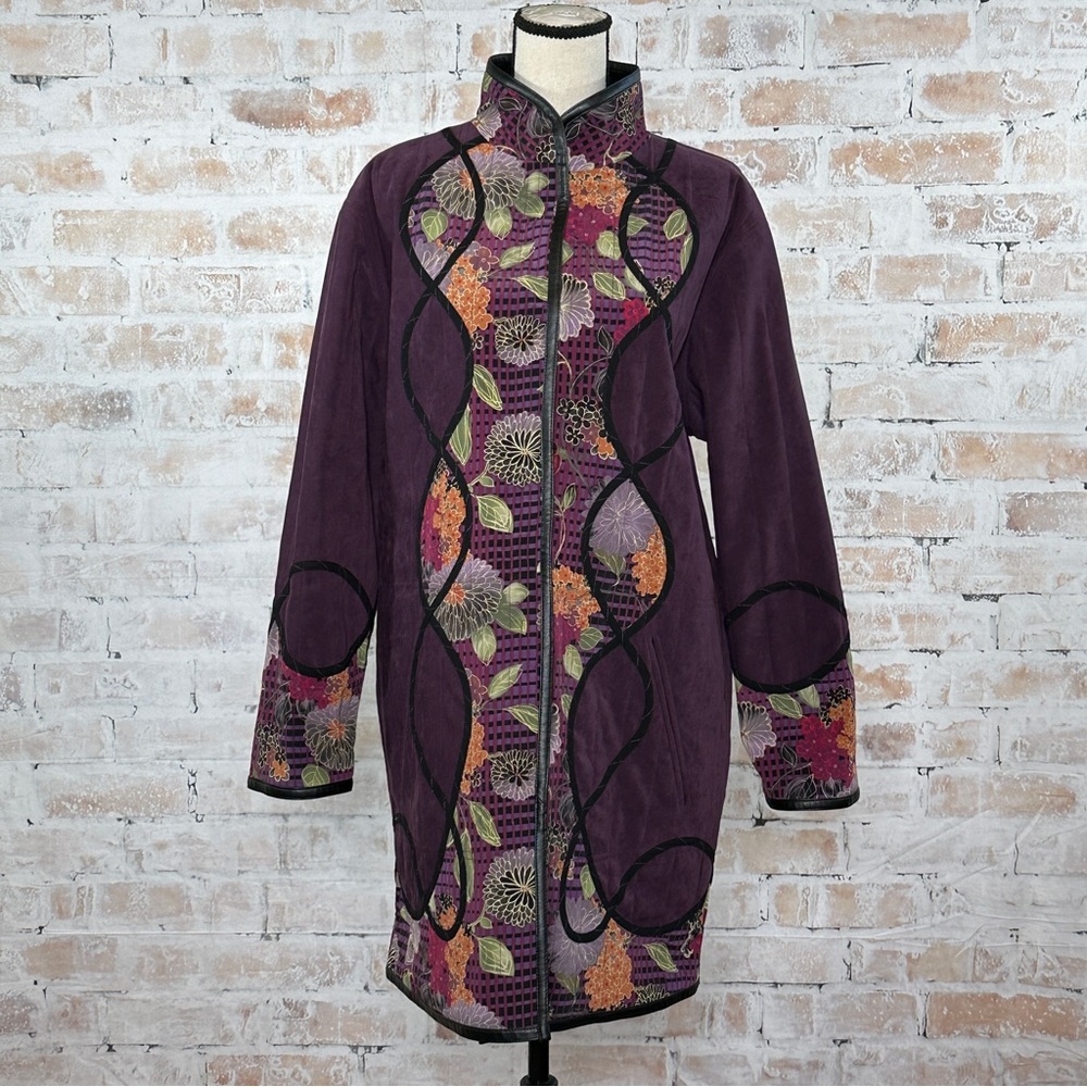 Vintage Y2K Reversible Floral Faux Leather Velcro Front Oversized Kimono Jacket